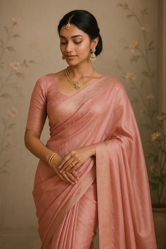 Blush Elegance – Handwoven Pink Silk Saree with Subtle Gold Zari Border