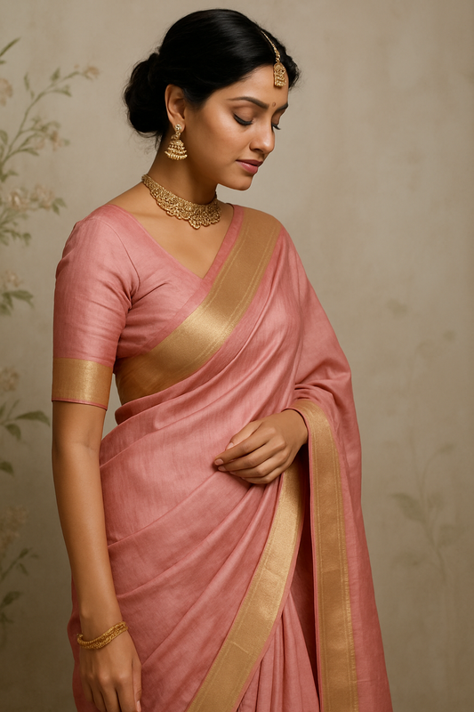 Blush Elegance – Handwoven Pink Silk Saree with Subtle Gold Zari Border